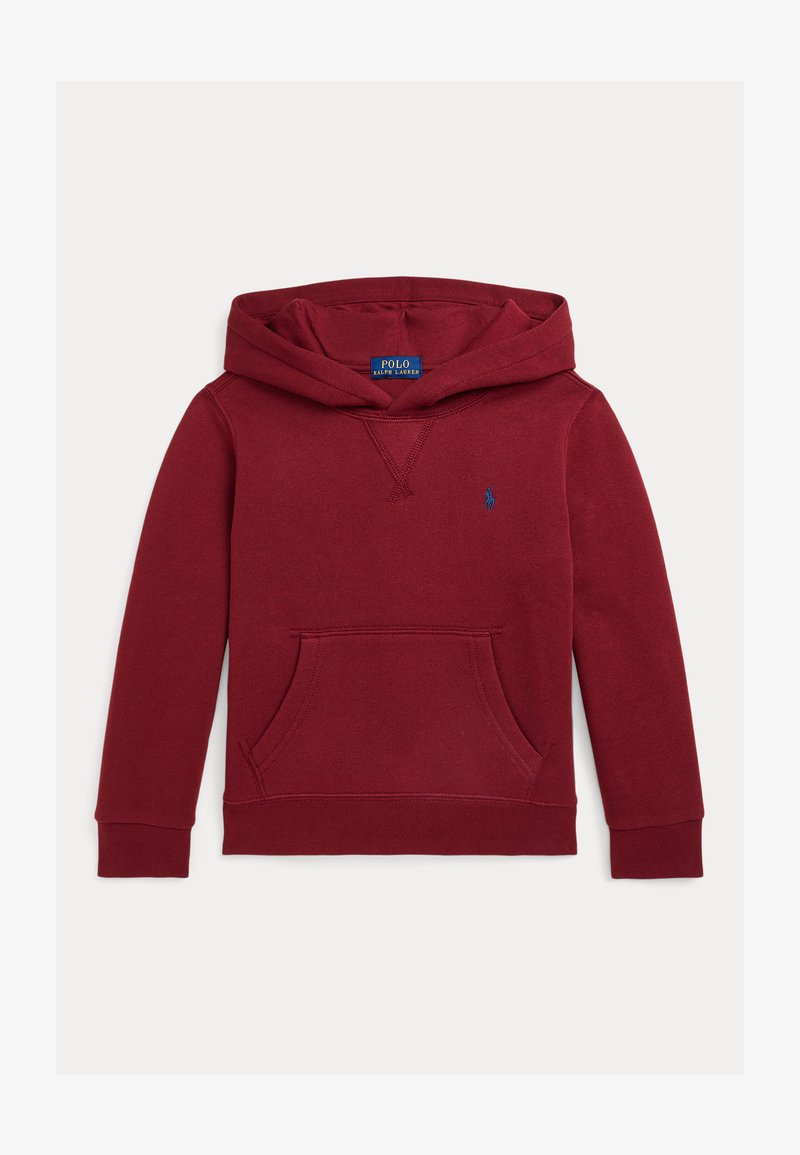 Sudadera color burdeos hecha de tela suave, que cuenta con un bolsillo frontal, capucha con cordón ajustable y un pequeño logo bordado en el pecho.