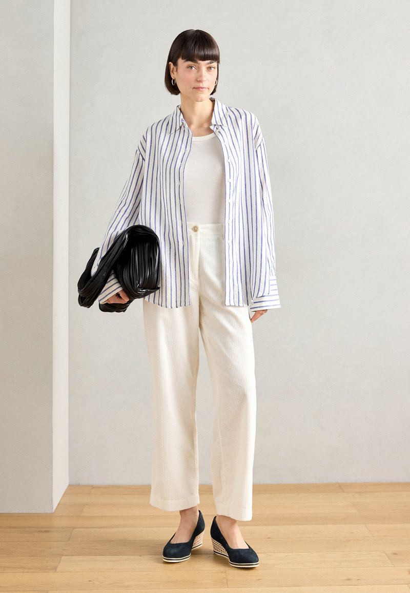 Witte button-up shirt met blauwe strepen, crèmekleurige wijde broek en donkere espadrilles. Model houdt een zwarte schoudertas vast.