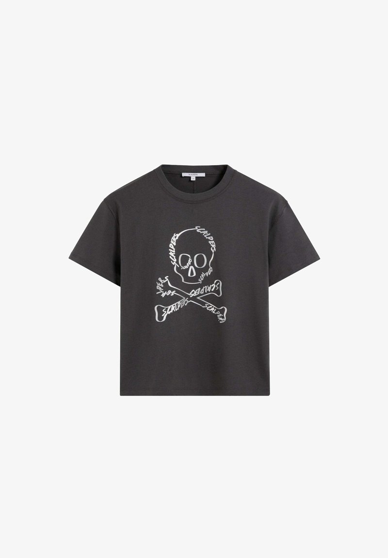 Black short-sleeve t-shirt with white skull and crossbones design made from repeated "Scalpers" text on front.
