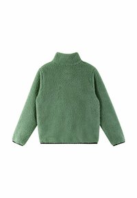 Giacca in pile verde con colletto alto, realizzata in un tessuto morbido e texturizzato, maniche lunghe e bordi neri. Vista posteriore mostrata.