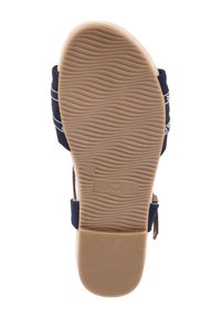 Sandal blu navy con suola in gomma testurizzata, cinturini regolabili e fondo in gomma beige caratterizzato da motivi ondulati. Marchio visibile sulla suola.