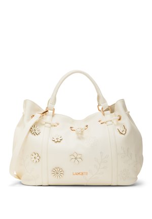 Borsa color crema con manici dorati e applicazione floreale, con il logo LANCETTI vicino alla parte inferiore centrale.