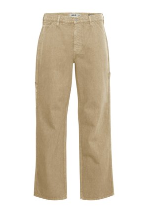 Pantaloni cargo bej cu un design cu picior larg, fabricați dintr-un material durabil. Caracteristici includ buzunare laterale și o închidere standard cu buton.