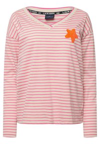 Top de manga larga con escote en V y rayas horizontales en rosa y crema. Presenta una aplicación de estrella naranja en el pecho. Fabricado con un tejido suave.