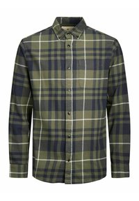 Grünes und marineblau kariertes Hemd mit langen Ärmeln, Knopfkragen, Brusttasche und schwarzen Knöpfen. Weicher Stoff mit glatter Textur.