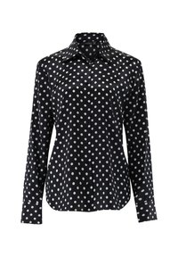 Black button-up shirt featuring white polka dots, long sleeves, and a classic collar. Made from smooth fabric with a tailored fit.
