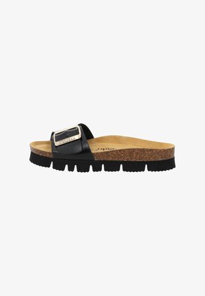 Black slide sandal with a wide strap featuring a silver buckle. Cork footbed and textured rubber sole with ridges. Simple and comfortable design.