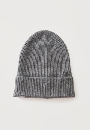 Gray ribbed knit beanie hat with a folded cuff displayed on a plain white background.