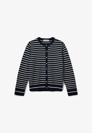 Tumesinine ja valge triibuline kardigan, ümar kaelus, nööbiklõpsud, ribakujulised varrukad ja allserv. Valmistatud pehmest kudumisinventaarist.