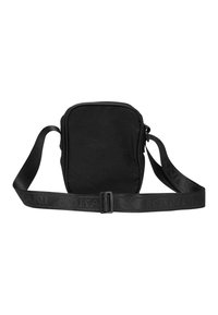 Borsa a tracolla nera realizzata in tessuto resistente. Presenta una forma rettangolare, una tracolla regolabile e una chiusura con zip. Logo stampato sulla tracolla.