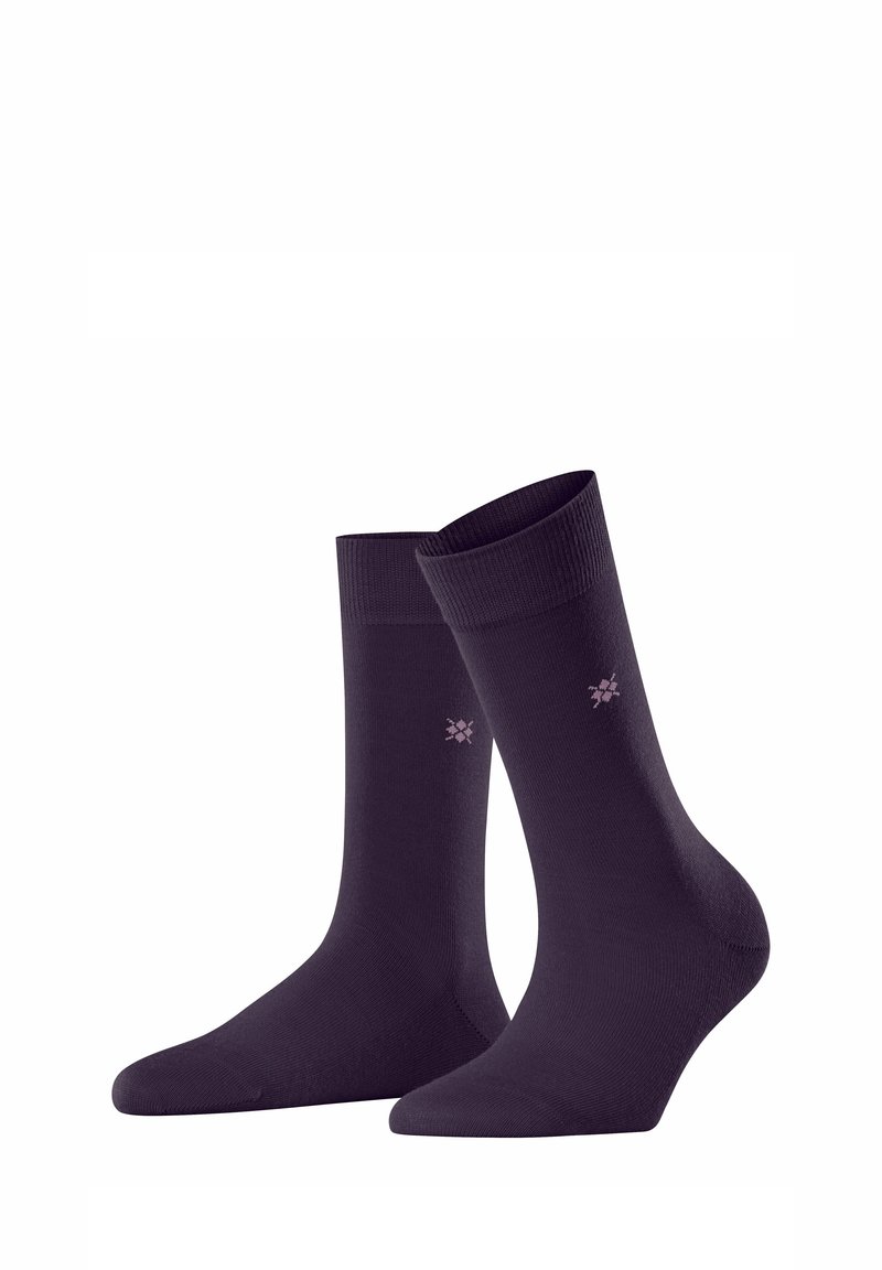 Calze in misto cotone viola con polsini a coste, di altezza media, e un piccolo logo rosa sui lati. Tessuto liscio e vestibilità aderente.