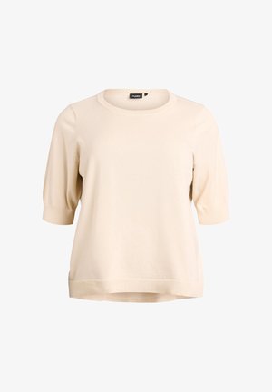 Beežist kootud kampsun ümara kaelusega ja lühikeste paffvarrukatega. Sile tekstuur ja lõdvestunud lõige, millel on soonikkoes ääred ja varrukapitsid.