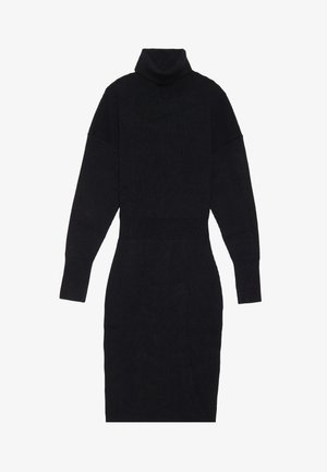 Vestido preto de malha canelada com gola alta falsa, mangas longas e silhueta ajustada. Textura suave com um tecido elástico.