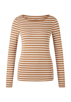 Langærmet skjorte med rund hals, der har vandrette hvide og lysebrune striber, tætsiddende stil og lille "Bogner"-logo nær kanten.