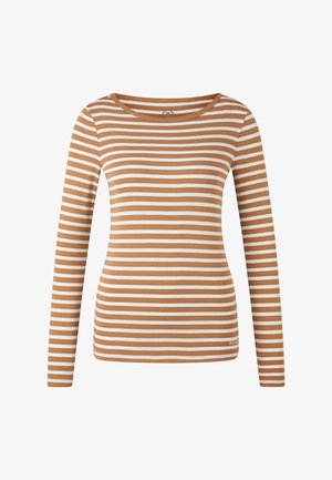 Tričko s dlouhým rukávem a kulatým výstřihem, s horizontálními bílými a světle hnědými pruhy, přiléhavý střih a malým logem "Bogner" poblíž lemu.
