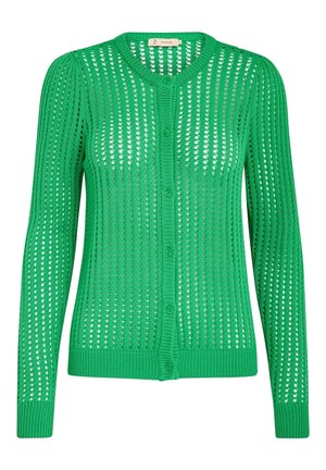 Cardigan en tricot vert avec un design ajouré, dotée de manches longues, d'un col rond et d'une fermeture à boutons à l'avant. Texture travaillée et respirante.