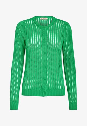 Grøn strikket cardigan med et åbent design, der har lange ærmer, en rund halsudskæring og knaplukning foran. Tekstureret og åndbar.