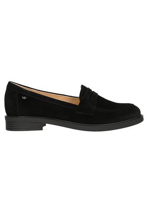 Black suede loafers with a stitched design, rounded toe, and a low rubber heel. Features a decorative bow accent on the front.