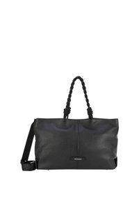 Sac fourre-tout en cuir noir avec des poignées en tissu torsadé, design spacieux et une étiquette à l'avant. Possède une texture lisse et des accents minimalistes.