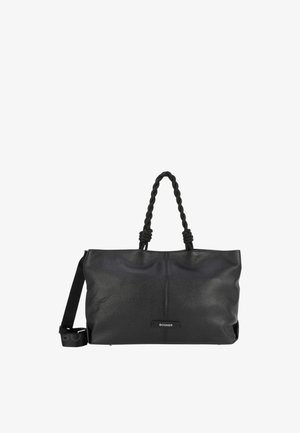 Schwarze Leder-Shopper-Tasche mit gedrehten Stoffgriffen, geräumigem Design und einem Label an der Vorderseite. Verfügt über eine glatte Textur und minimalistische Akzente.