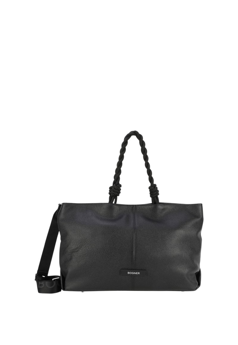 Sac fourre-tout en cuir noir avec des poignées en tissu torsadé, design spacieux et une étiquette à l'avant. Possède une texture lisse et des accents minimalistes.