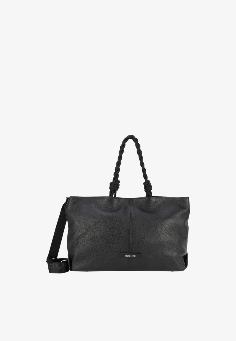 Sort læder tote taske med snoede stofhåndtag, rummelig design og et frontmærke. Har en glat tekstur og minimalistiske detaljer.