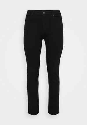 Jean denim noir avec une coupe slim, design à cinq poches, fermeture à bouton à l'avant et légère élasticité pour le confort. Texture plate et lisse avec un minimum de détails.