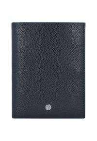 Granatowy skórzany portfel o teksturowanej powierzchni z metalowym akcentem w postaci srebrnego logo. Charakteryzuje się smukłym, prostokątnym kształtem.