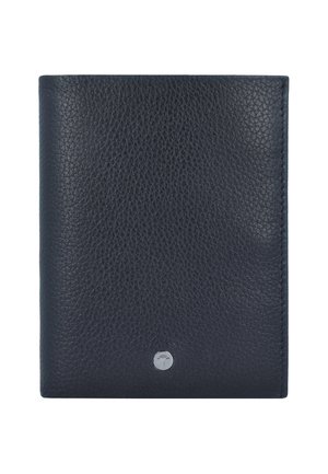 Granatowy skórzany portfel o teksturowanej powierzchni z metalowym akcentem w postaci srebrnego logo. Charakteryzuje się smukłym, prostokątnym kształtem.