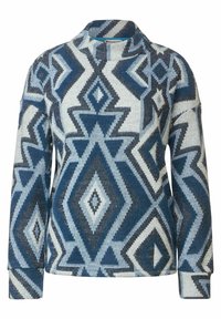 Lapas neulottu pusero, jossa on siniharmaa geometrinen kuvio, korkea kaulaosa ja pitkät hihat. Pehmeä rakenne, jossa on resorireunukset hihansuissa ja helmassa.