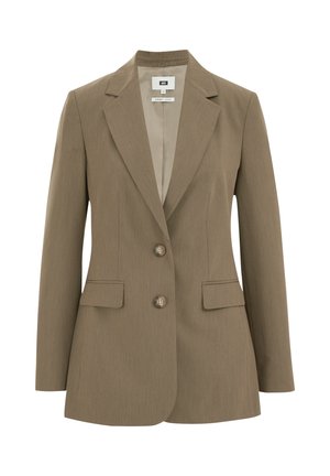 Bruine op maat gemaakte blazer met een notch-revers, twee voorzakken en twee knopen, met een gestructureerde stof en een gladde voering.