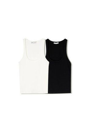 Twee geribde tanktops in wit en zwart. Heeft een ronde halslijn en een aansluitende pasvorm. Gemaakt van een zachte, rekbare katoenmix.
