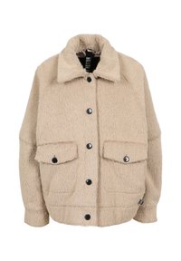 Beige fuskpälsjacka med krage, framknäppning med knappar och två fickor med svart knappdetaljer. Mjuk textur och avslappnad passform.