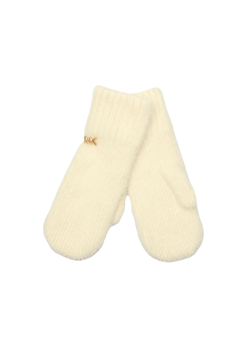 Mitones de color crema hechos de un material de punto suave y texturizado con un diseño acanalado. Presenta un pequeño acento del logotipo dorado "MK".