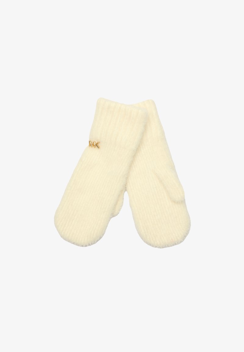 Cremfarbene Fäustlinge aus weichem, strukturiertem Strickmaterial mit einem gerippten Design. Mit einem kleinen goldenen "MK" Logo-Akzent.