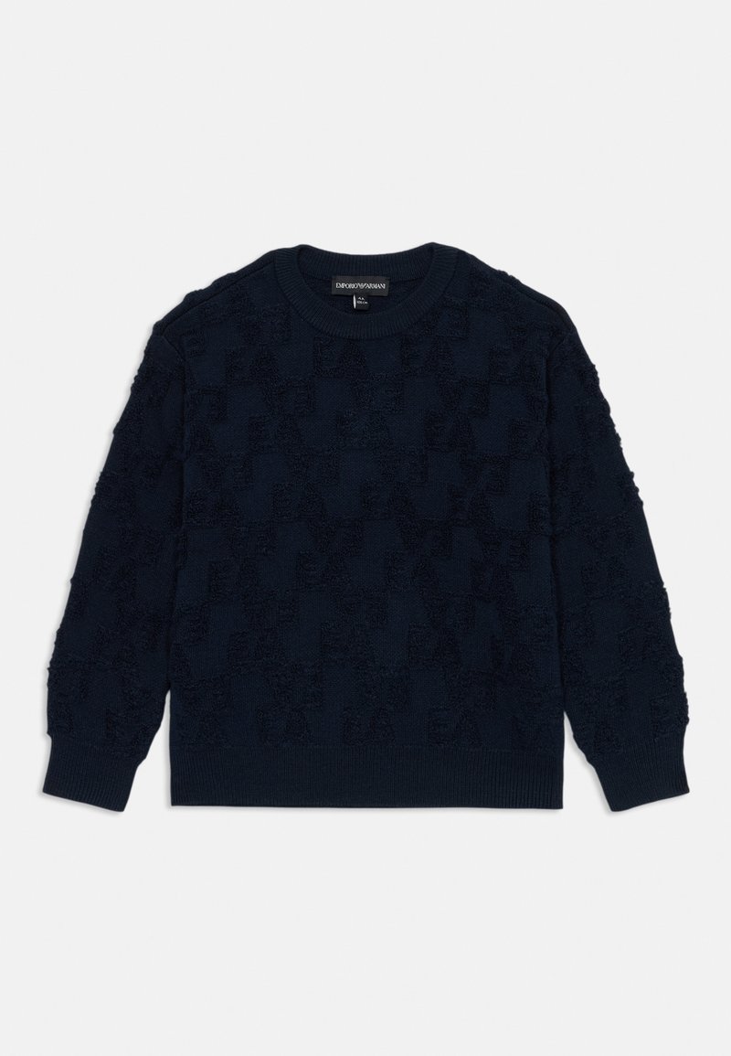 Marineblauer Strickpullover mit strukturiertem Muster, ausgestattet mit erhabenen Buchstaben und einem runden Halsausschnitt. Gerippte Bündchen und Saum. Weiche Textur.