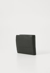 Black leather wallet with a textured finish, featuring a slim design and a single exterior slot for cards, set against a white background.