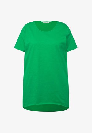 Grünes Baumwoll-T-Shirt mit rundem Ausschnitt, kurzen Ärmeln und lockerer Passform. Der Stoff hat eine glatte Textur und einen leicht abgerundeten Saum.