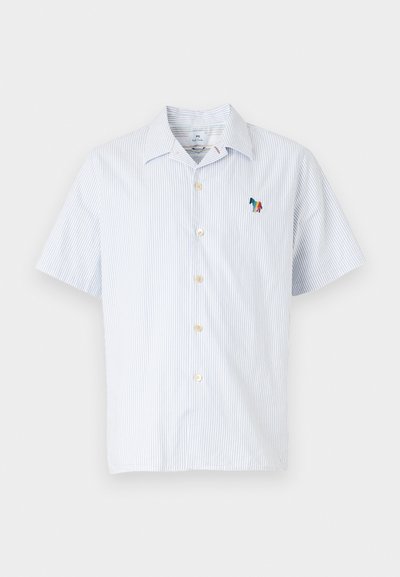 Short-sleeve button-up shirt in light blue with white stripes. Features a collar and a colorful embroidered design on the chest.
