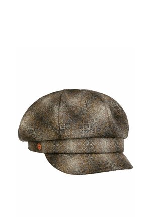 Brown patterned newsboy cap with a small round metal badge on the side, featuring a short, stiff brim and a soft, rounded crown.