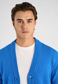 Blauer Strickcardigan mit geripptem Muster und einem einzelnen Knopfverschluss, getragen über einem weißen T-Shirt. Keine auffälligen Muster oder Akzente.