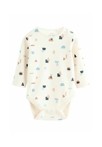 Long-sleeve infant bodysuit made of creamy fabric, featuring colorful geometric patterns in pink, blue, black, and green shapes.