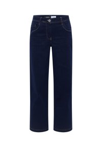 Donkerblauwe spijkerbroek met een relaxte pasvorm, vijf zakken, zichtbare stiksels en een knoopsluiting bij de taille.