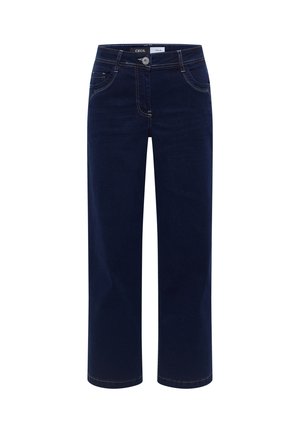 Dunkelblaue Jeans aus Denim mit lockerer Passform, Fünf-Taschen-Design, sichtbaren Nähten und einem Knopfverschluss an der Taille.