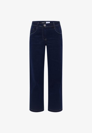 Jeans in denim blu navy con una vestibilità rilassata, design a cinque tasche, cuciture visibili e chiusura con bottone in vita.