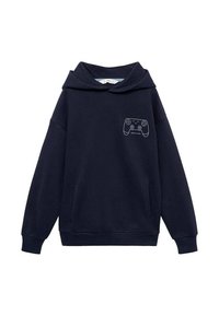 Felpa blu navy realizzata in tessuto morbido, con un design di controller di gioco stampato sul petto e una tasca frontale. Maniche lunghe, vestibilità comoda.
