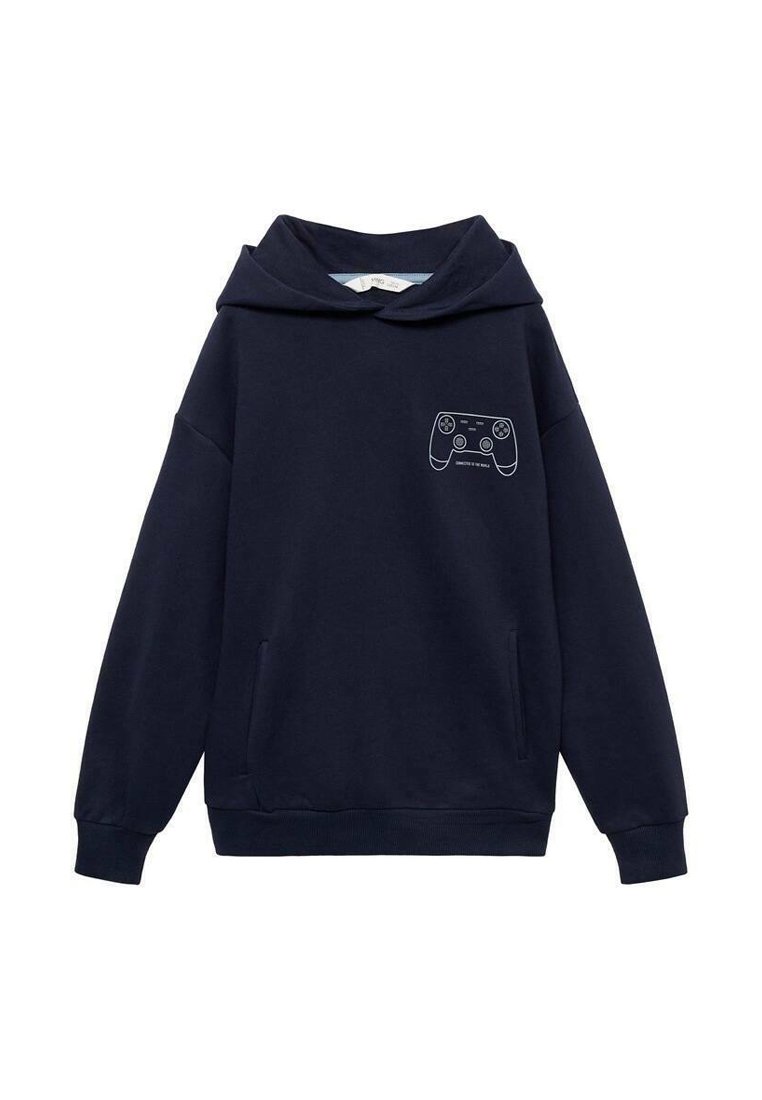 Felpa blu navy realizzata in tessuto morbido, con un design di controller di gioco stampato sul petto e una tasca frontale. Maniche lunghe, vestibilità comoda.
