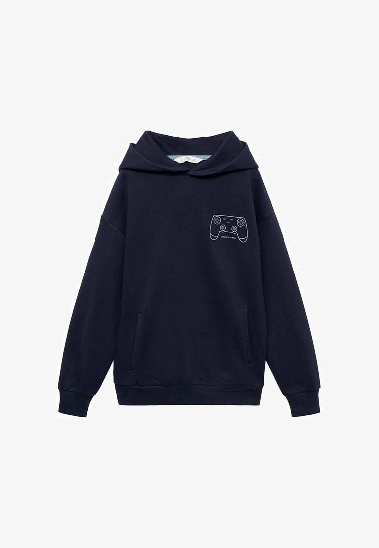 Temno modra majica s kapuco, izdelana iz mehke tkanine, z natisnjenim dizajnom igralne naprave na prsih in sprednjim žepom. Dolgi rokavi, sproščen kroj.