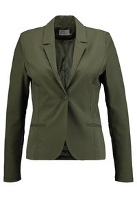 Oliven grøn kvinde blazer med enkeltknap lukning, slidskrave, lange ærmer og to forreste paspolerede lommer.