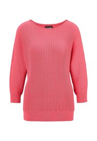 Rosa geripptes Sweater mit lockerer Passform, weitem Ausschnitt und Dreiviertelärmeln. Mit strukturierten Details entlang der Ärmelkanten.